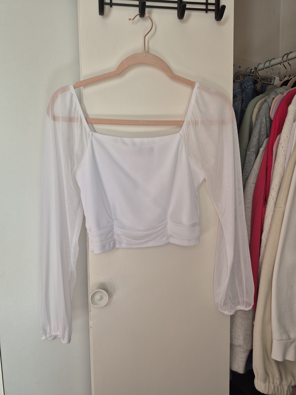 Ambiance White Sheer-Sleeve Cropped Top